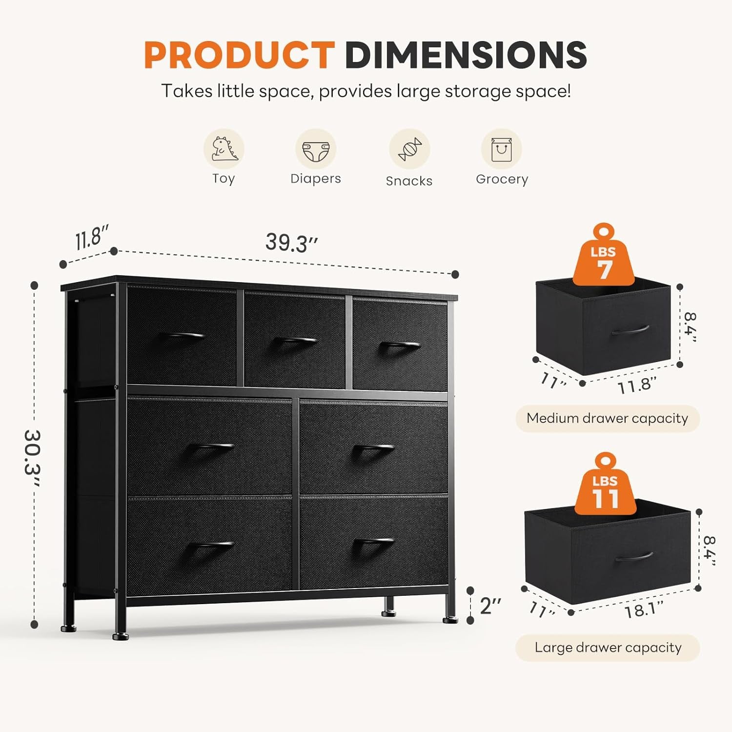 7 Drawer Dresser with Fabric Bins Fabric Storage Tower Organizer for Bedroom Closet Hallway Entryway Tall Chest of Drawers with Steel Frame Wood Top Easy Pull Handles,Black