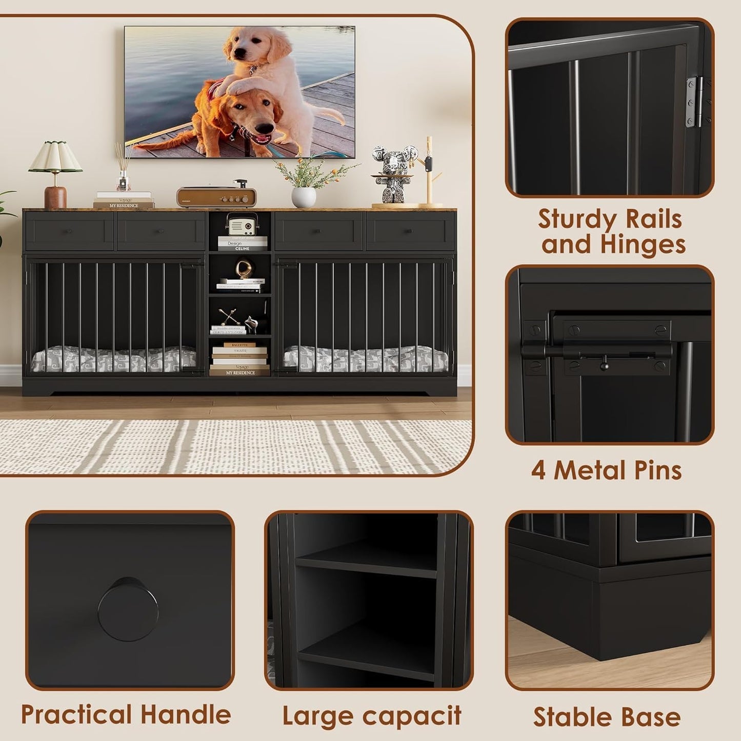 82" Large Dog Crate Furniture for 2 Dogs, Double Dog Crate with 4 Drawers and 4 Shelves, Wooden Dogs Kennel Furniture Large Breed, Indoor Pet Cage TV Stand with Divider, Black
