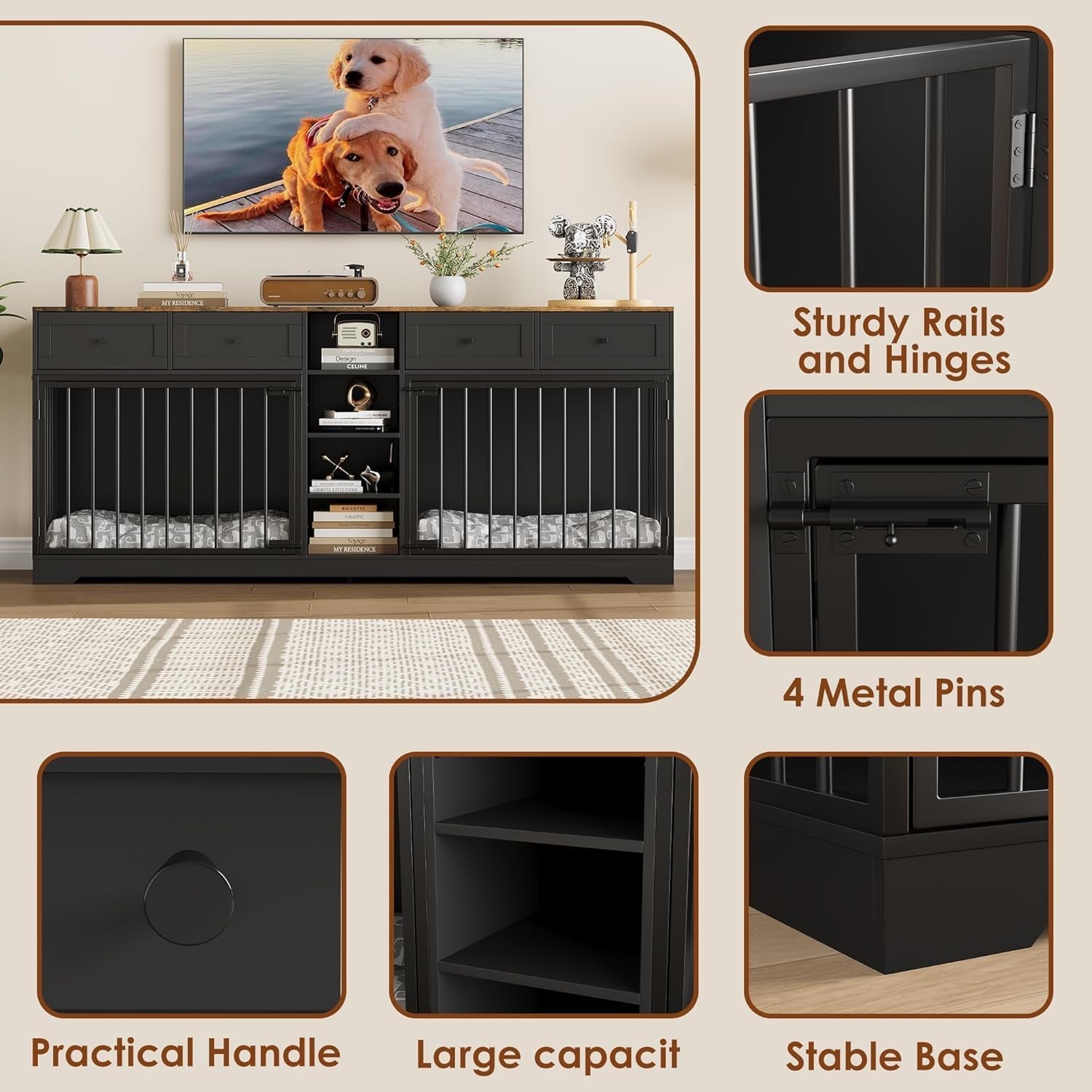 82" Large Dog Crate Furniture for 2 Dogs, Double Dog Crate with 4 Drawers and 4 Shelves, Wooden Dogs Kennel Furniture Large Breed, Indoor Pet Cage TV Stand with Divider, Black