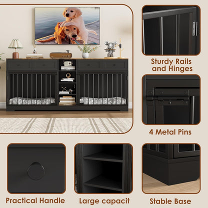 82" Large Dog Crate Furniture for 2 Dogs, Double Dog Crate with 4 Drawers and 4 Shelves, Wooden Dogs Kennel Furniture Large Breed, Indoor Pet Cage TV Stand with Divider, Black