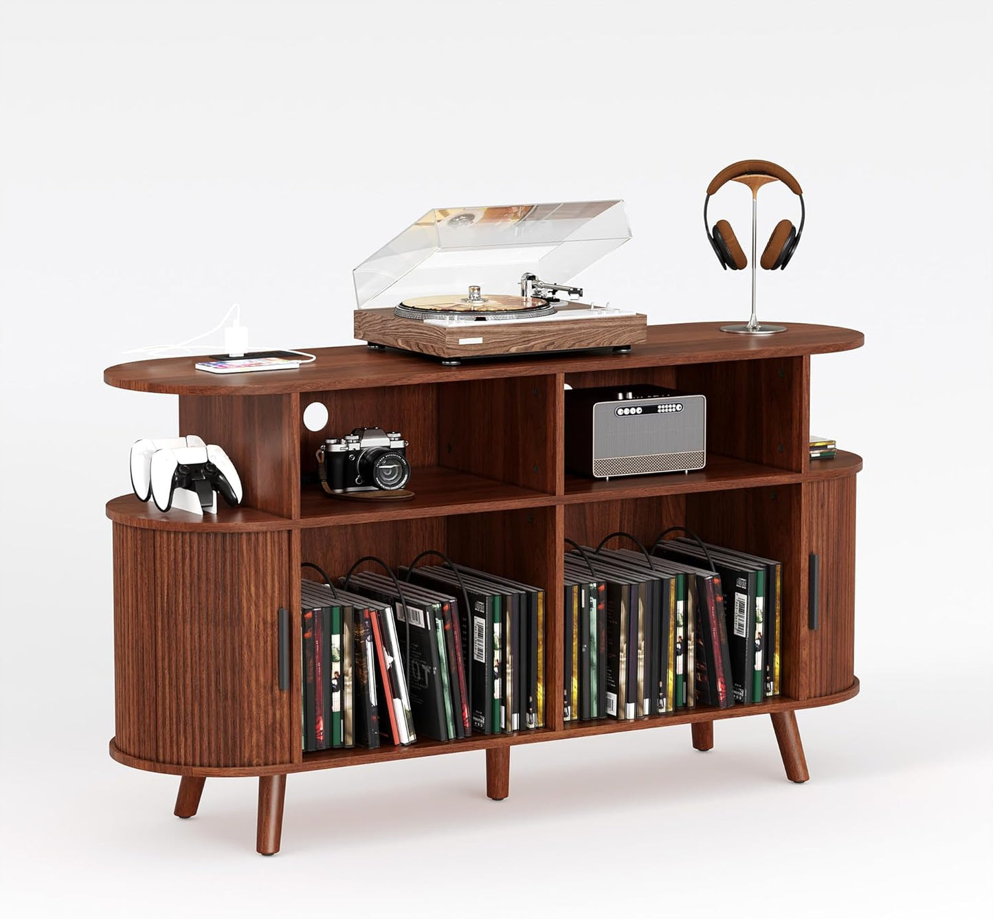 55'' Fluted Mid Century Modern Turntable Cabinet with Vinyl Storage, Large round Record Player Stand with Charging Station and Display Shelf, Arched Wood Record Player Table for Living Room