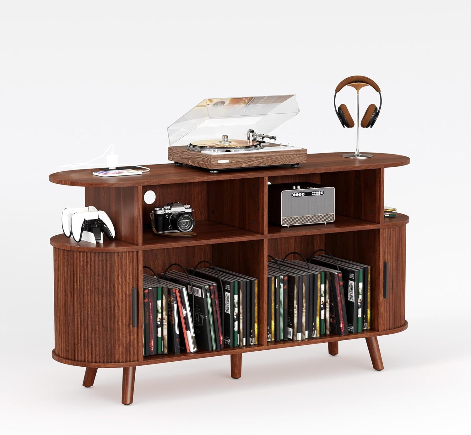 55'' Fluted Mid Century Modern Turntable Cabinet with Vinyl Storage, Large round Record Player Stand with Charging Station and Display Shelf, Arched Wood Record Player Table for Living Room