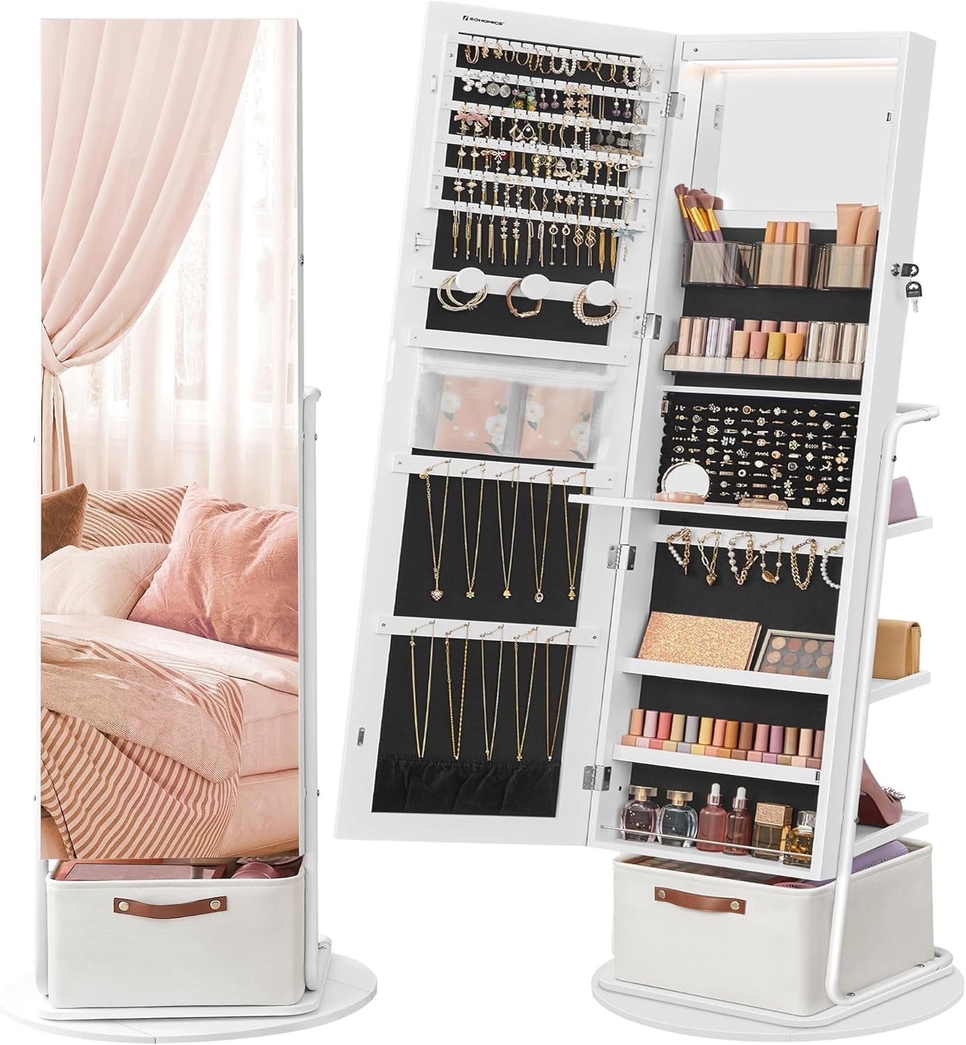 360° Swivel Mirrored Jewelry Cabinet with Lights, Full-Length Mirror with Jewelry Storage, Standing Jewelry Armoire Organizer, with Large Storage Basket, Makeup Shelf, Cloud White UJJC018W01