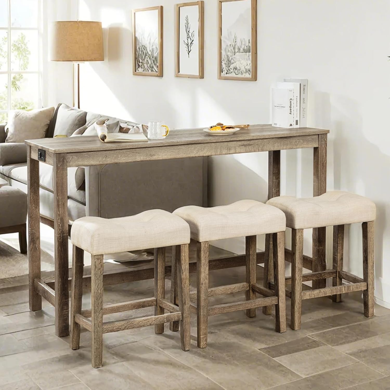 59" Counter Height Bar Table Set with Power Outlet, Industrial Breakfast Table with 3 Padded Stools, 4 Piece Bar Table and Chairs Set for Living Room, Dining Room, Brown