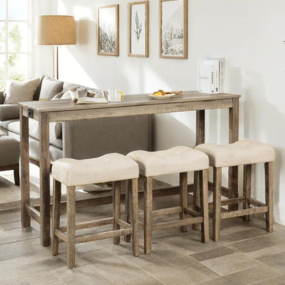 59" Counter Height Bar Table Set with Power Outlet, Industrial Breakfast Table with 3 Padded Stools, 4 Piece Bar Table and Chairs Set for Living Room, Dining Room, Brown