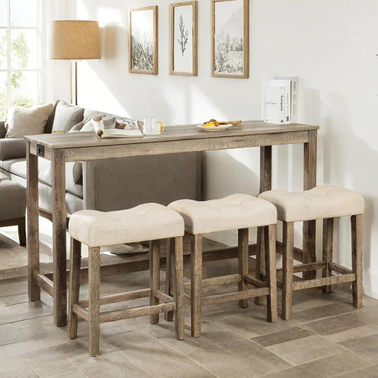 59" Counter Height Bar Table Set with Power Outlet, Industrial Breakfast Table with 3 Padded Stools, 4 Piece Bar Table and Chairs Set for Living Room, Dining Room, Brown