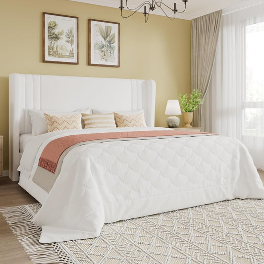 Queen Size Velvet Upholstered Platform Bed Frame with Vertical Channel Tufted Wingback Headboard, Wooden Slats Support, Easy Assembly, under Bed Storage, No Box Spring Required, White
