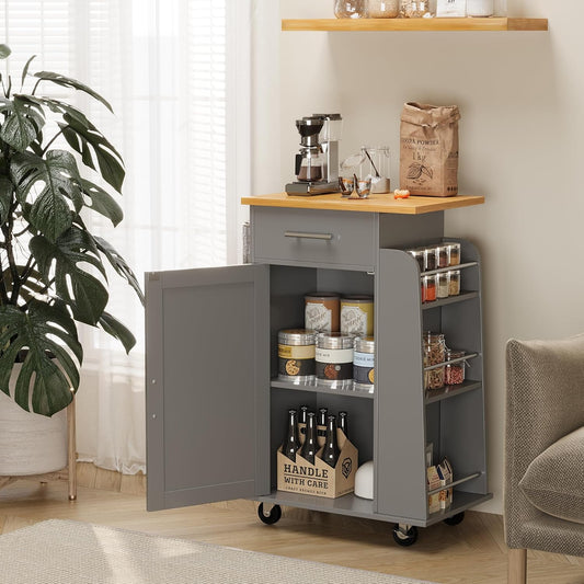 Small Kitchen Island on Wheels with 3-Tier Side Spice Rack and Rubber Wood Top, Trolley Cart with Storage Cabinet & Drawer and Handle/Towel Rack, Gray