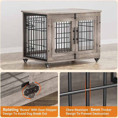 Dog Crate Furniture, Dog Kennel Indoor Double Doors Wooden Dog Cage, 32'' Heavy Duty Dog Crate with Cushion & Wheels, Decorative End Table Pet House Chew-Resistant for Medium/Small, Brown