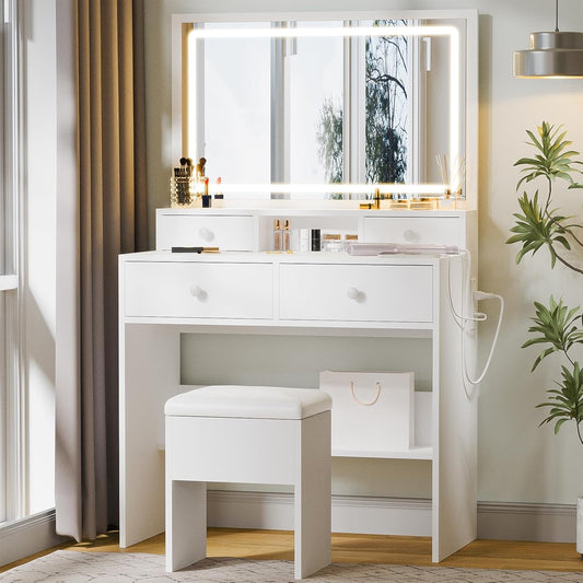 Vanity Desk with Mirror and LED Lights, White Makeup Vanity with Power Outlet, Storage Drawers and Chair, Dressing Table Set for Bedroom Dressing Room