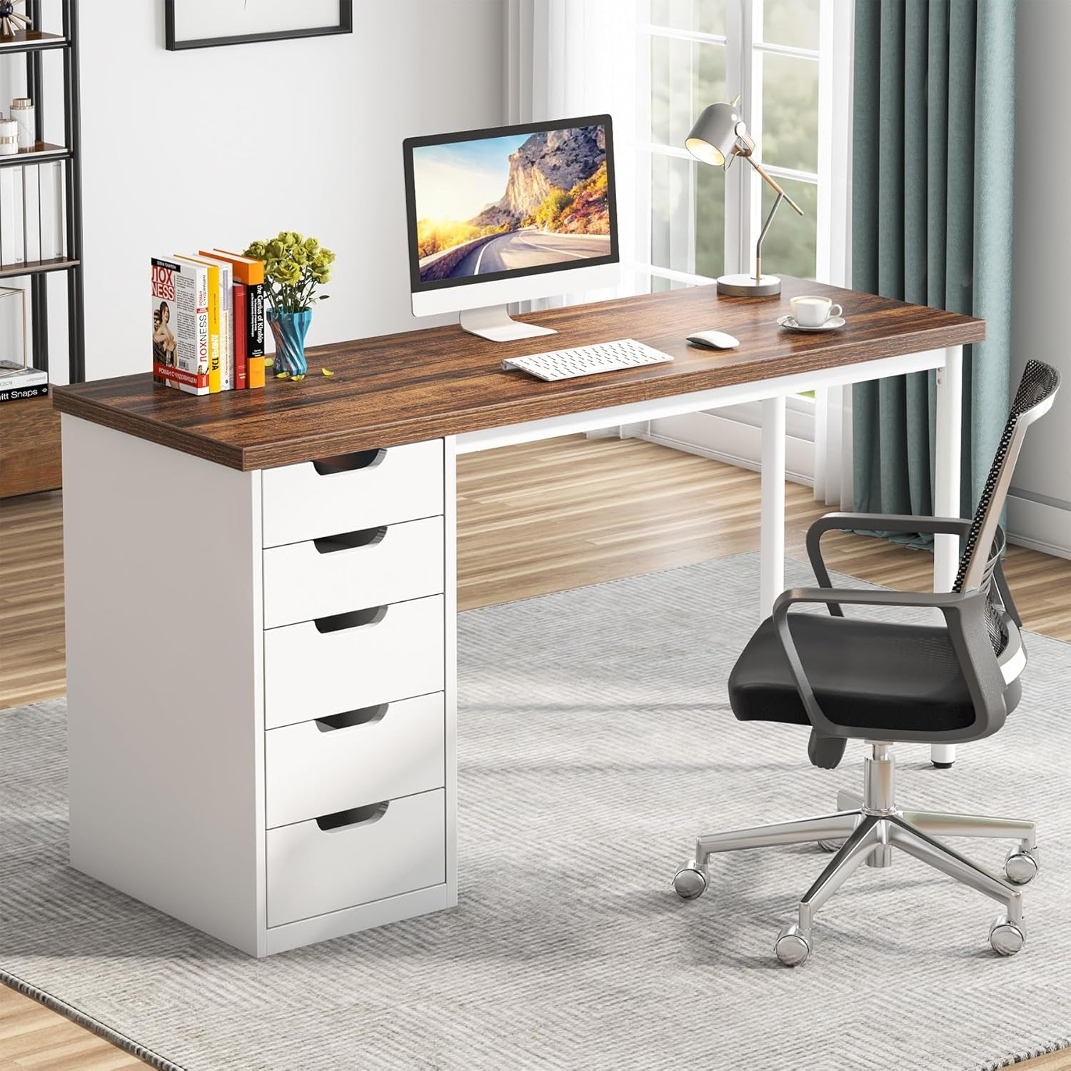 Computer Desk with 5 Drawers, 47 Inches Rustic Brown Home Office Desk with Storage, Modern Simple Laptop Desk Study Writing Table for Small Spaces (Reversible Drawer Cabinet)