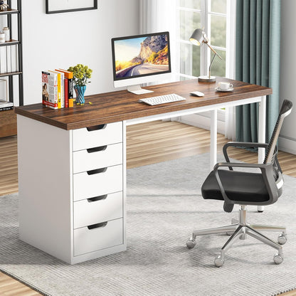 Computer Desk with 5 Drawers, 47 Inches Rustic Brown Home Office Desk with Storage, Modern Simple Laptop Desk Study Writing Table for Small Spaces (Reversible Drawer Cabinet)