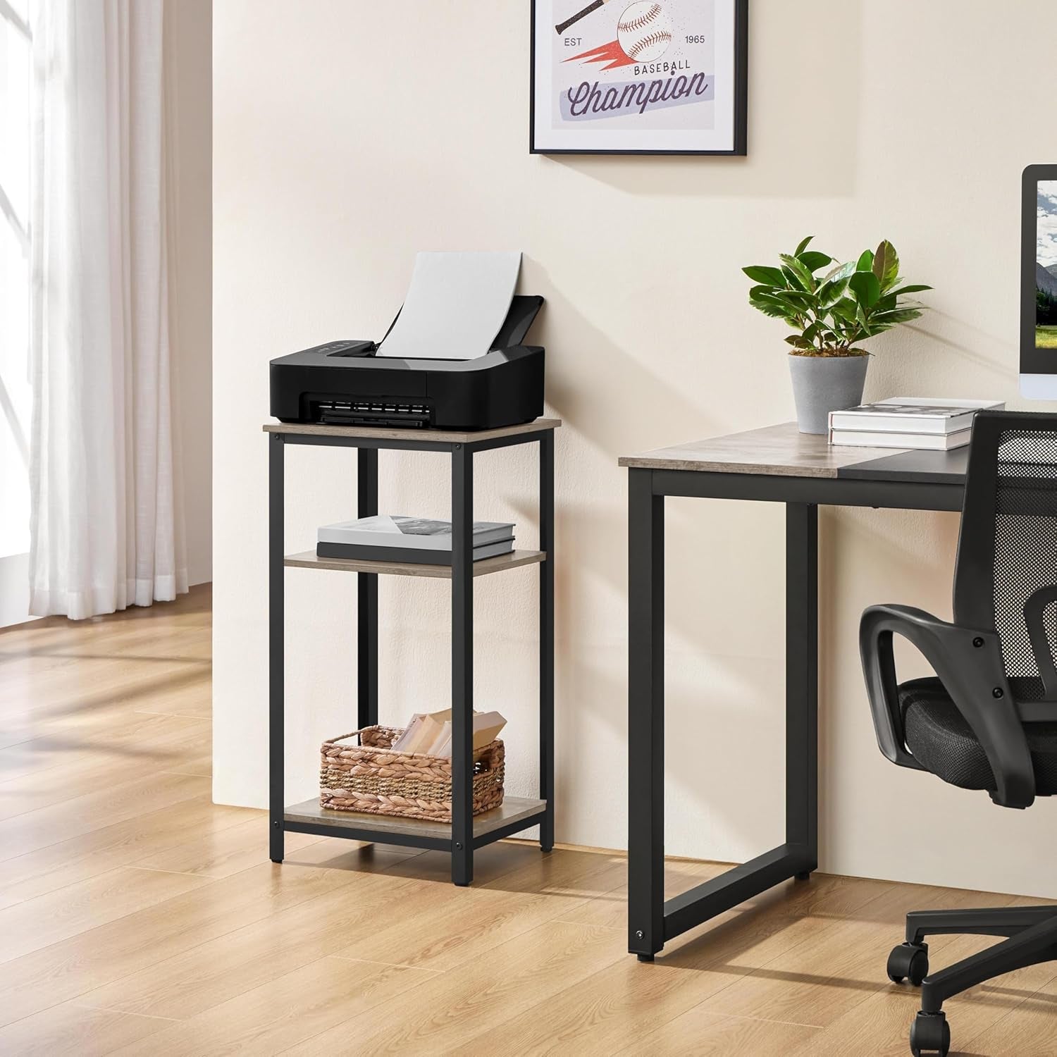 30 in Tall End Table, 3-Tier with Strong Wooden Shelves, Small Side Table with Metal Frame for Living Room Office, Small Places, Gray