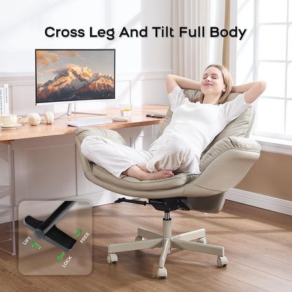 Criss Cross Chair with Armrests & Wheels for Cross-Legged Sitting ，Comfortable Adjustable Swivel Office Desk Chair –PU Leather Vanity Chair for Home, Makeup and Bedroom (Cream)