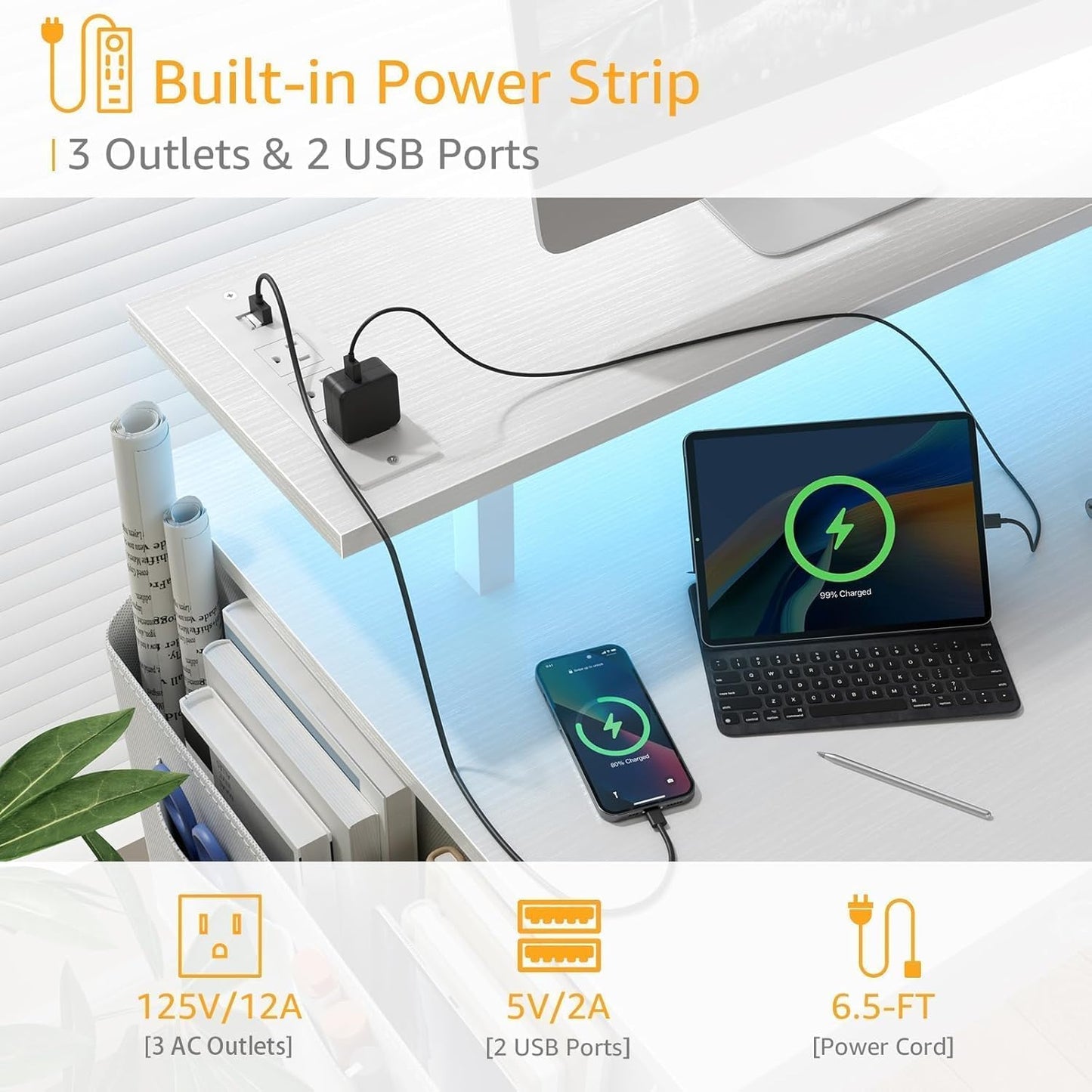 White Computer Desk with Shelves and Drawers - 47 Inch Home Office Desk with Drawers and Shelves, Small White Desk with Shelves, Computer Desk with Monitor Stand, RGB Gaming Desk with Power Outlet