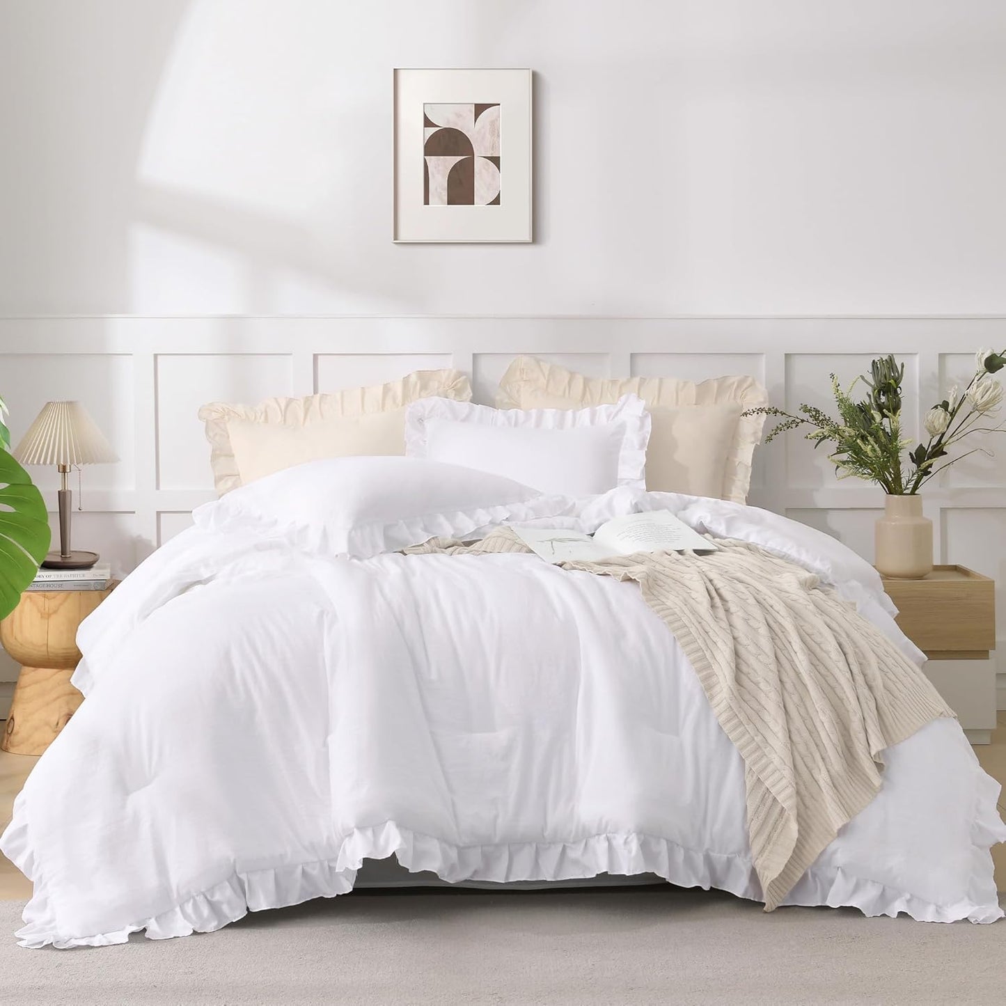 Comforter Full Size Set White, 3 Pieces Ruffle Farmhouse Shabby Chic Gift Full Comforter Set, Soft Lightweight Fluffy All Season Room Decor Bed Set for Girls Women Teens Daughter