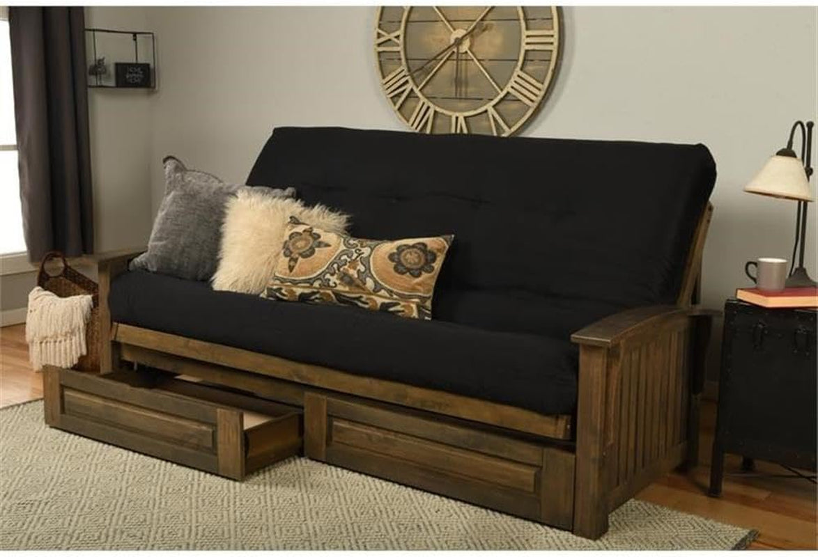 Washington Queen Size Futon Frame with Storage Drawers - Wood Futon Frame with Mattress Included in Suede Black Color