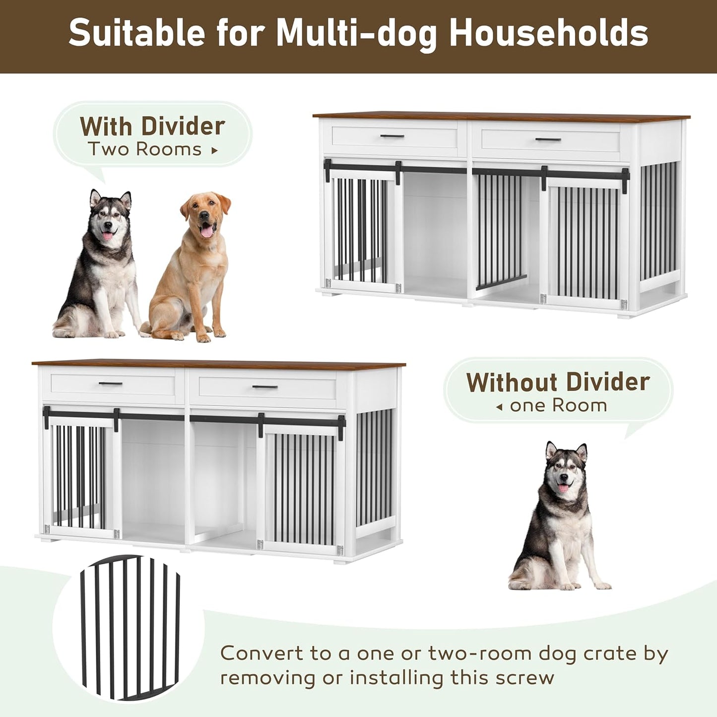63" L X 24" W X 33" H Double Wooden Dog Cage Table with 2 Large Drawers & Safety Locks, Large Dog Crate Furniture for 2 Dogs with Removable Divider, Decorative Indoor Dog Kennel Furniture