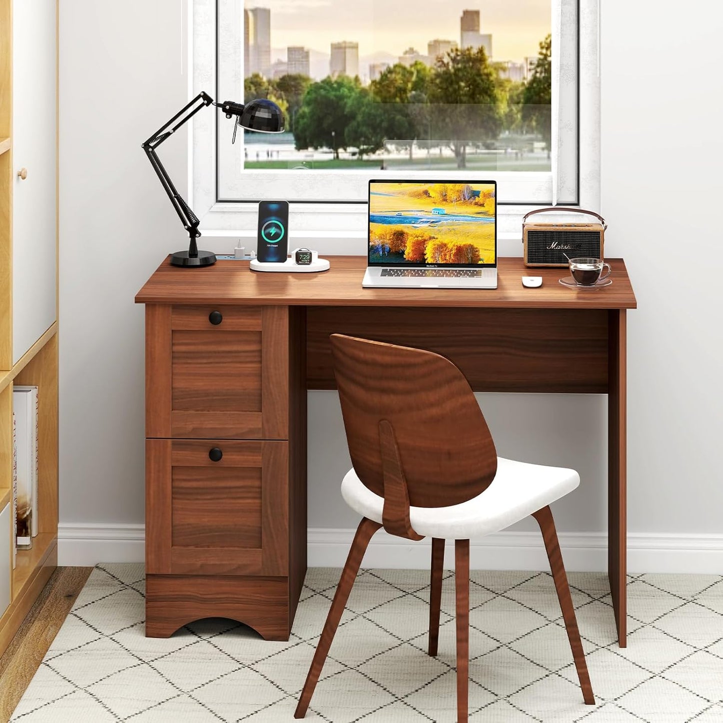 Computer Desk with 2 Storage Drawers, Study Table with Power Outlet, Laptop PC Desk with Storage, Work Table for Small Spaces, Workstation for Home & Office, Walnut