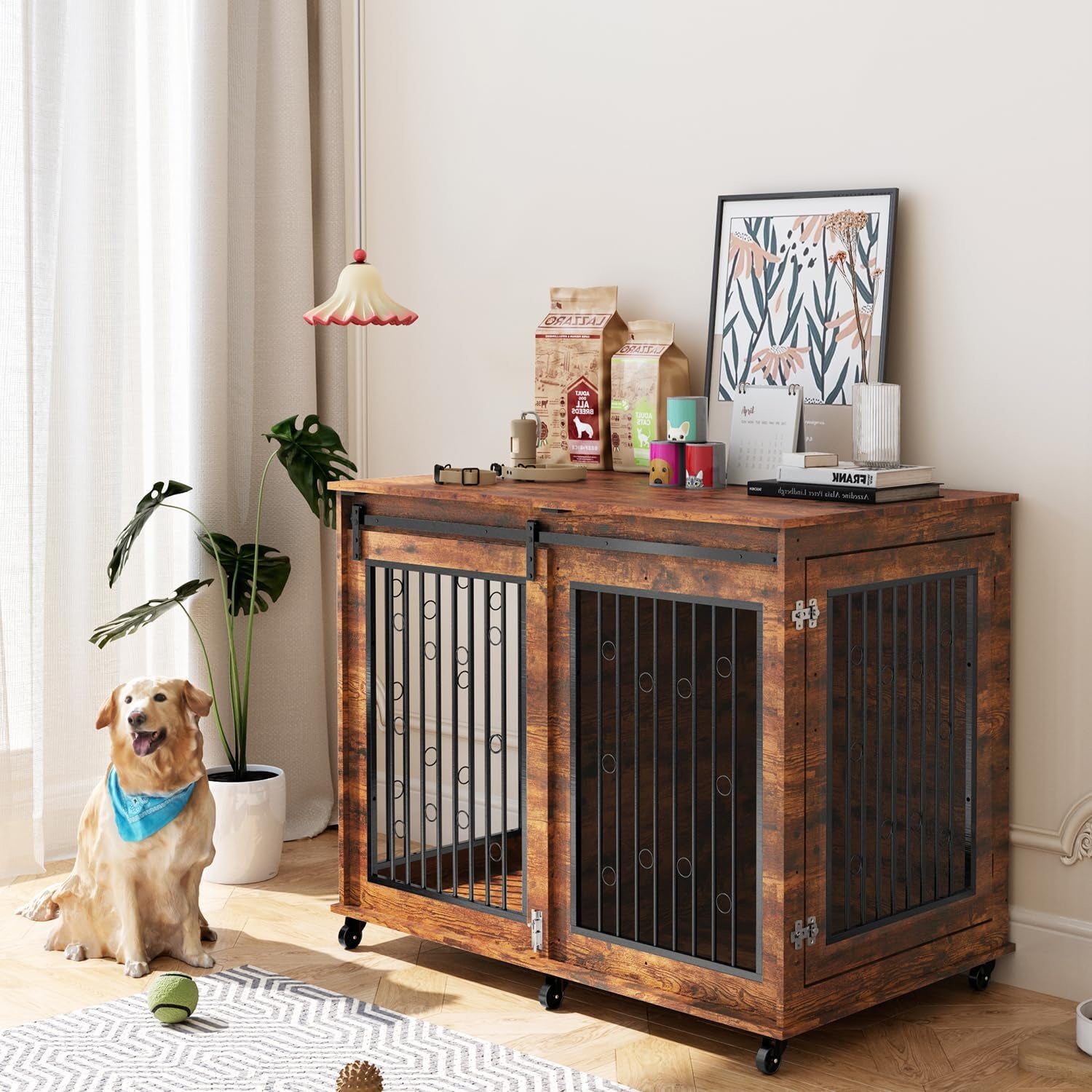 Large Dog Crate Furniture, 47" Wooden Dog Kennel with Sliding Barn Door, Flip-Top Lid & Wheels, Indoor Pet Crate Table with Detachable Divider for Small/Medium/Large Dogs (Rustic Brown)