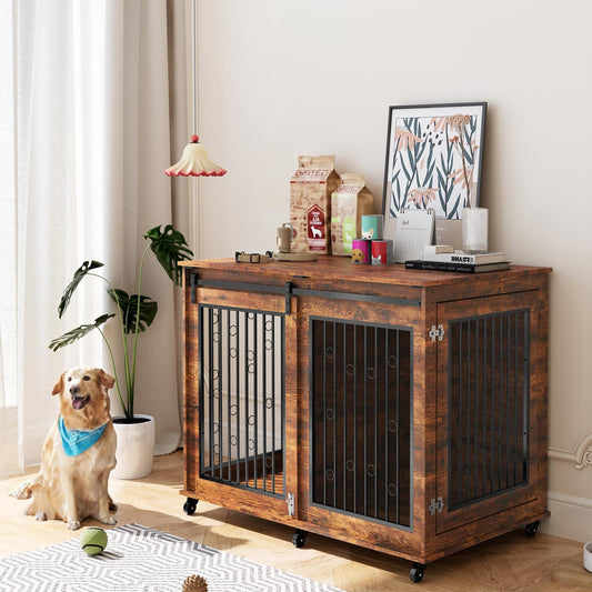 Large Dog Crate Furniture, 47" Wooden Dog Kennel with Sliding Barn Door, Flip-Top Lid & Wheels, Indoor Pet Crate Table with Detachable Divider for Small/Medium/Large Dogs (Rustic Brown)