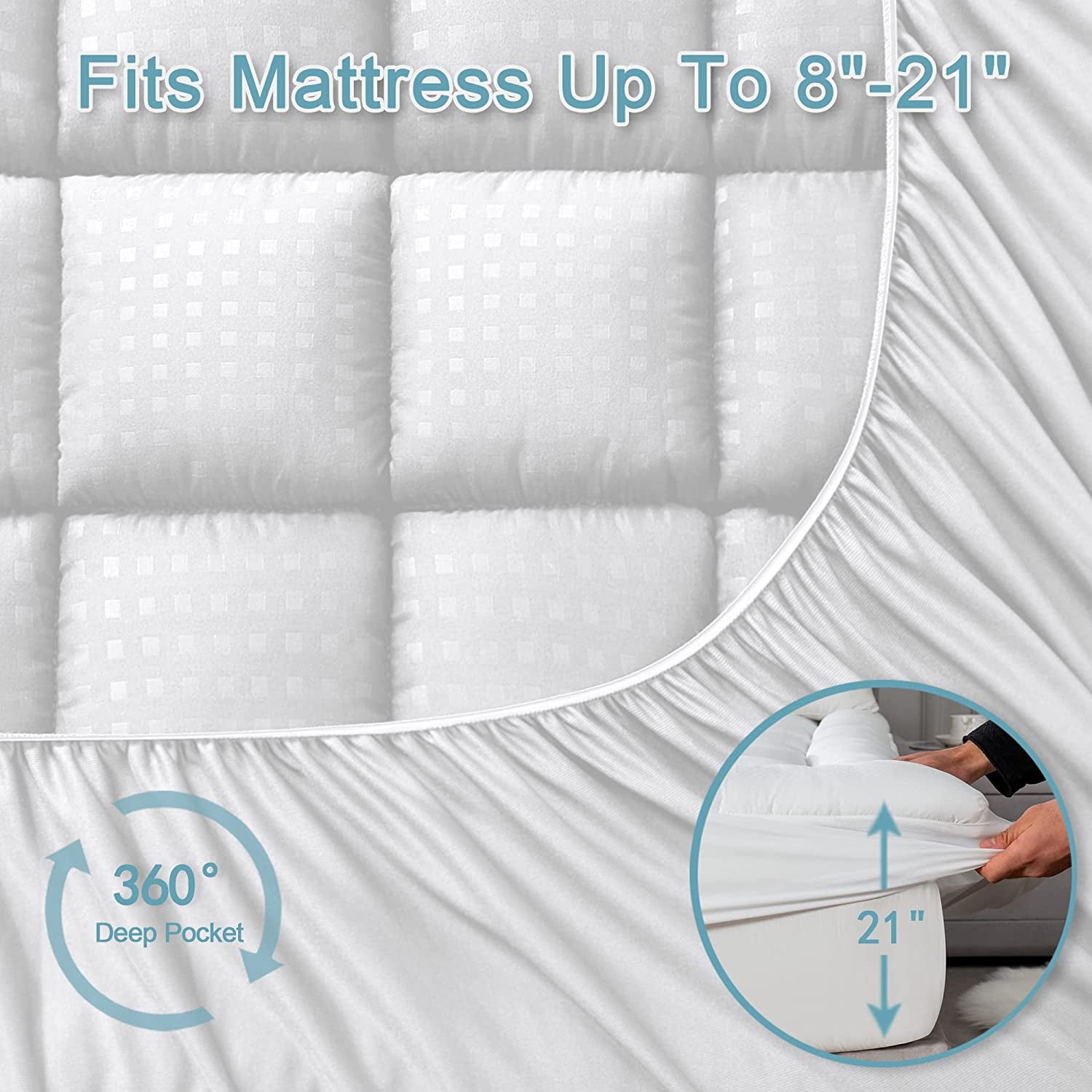 Queen Mattress Pad Quilted Fitted Mattress Protector Cooling Pillow Top Mattress Cover Breathable Fluffy Soft Mattress Topper with 8-21" Deep Pocket