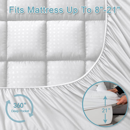 Queen Mattress Pad Quilted Fitted Mattress Protector Cooling Pillow Top Mattress Cover Breathable Fluffy Soft Mattress Topper with 8-21" Deep Pocket