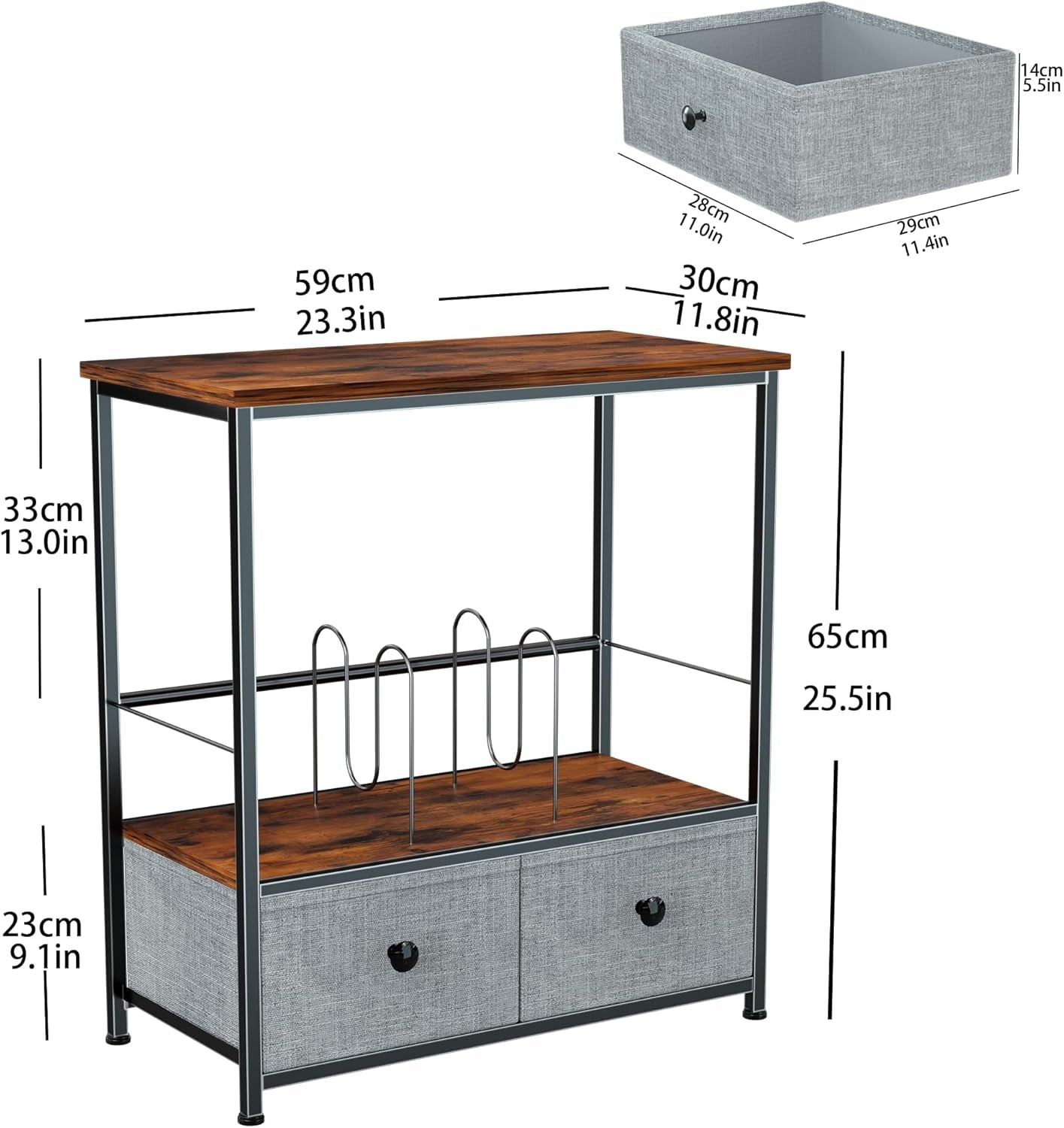 Record Player Stand with Vinyl Storage, 2-Tier Record Shelf Table with Fabric Drawer, Holds up to 110 Vinyl Records, Record Player Table for Turntable and Albums, 23.62"D × 11.81" W× 25.59"H