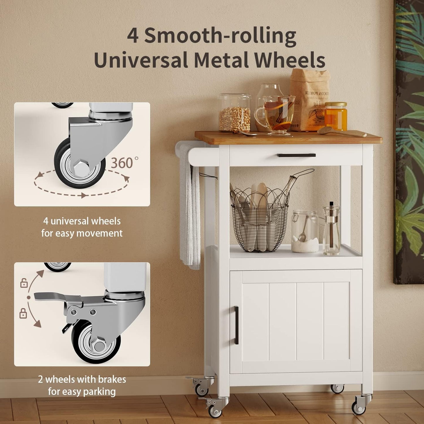 Kitchen Cart with Drawer, Small Kitchen Island on Wheels, Microwave Cart, Small Home Coffee Bar, Microwave Stand, Rolling Kitchen Island Cart with Side Hook, White