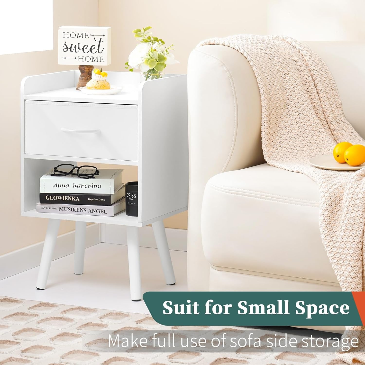 Modern Nightstand with Drawer, Bedside Tables, Mid Century Nightstands with Open Storage Shelf, Wood Bedside Table, Small Night Stands for Bedrooms, 2-Tier Night Table