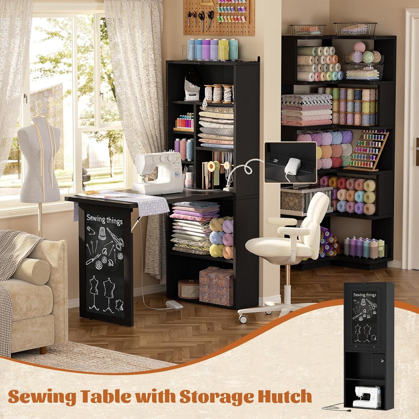Small Folding Desk with Outlets, Convertible Writing Desk for Small Spaces/Home Office/Craft Room, Multi-Function Desk Workstation with Blackboard, Fold-Out Cabinet Table, Black