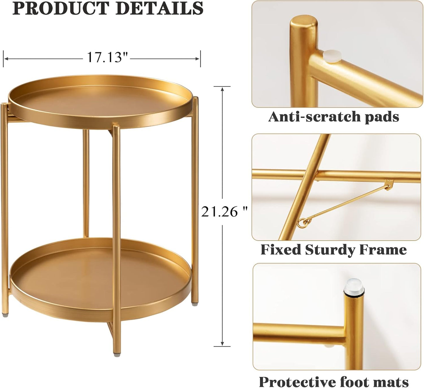 2 Tier Gold Side Table, Folding round Metal End Table Small Nightstand with Two Removable Tray for Bedroom Living Room Small Spaces Bedside Gold