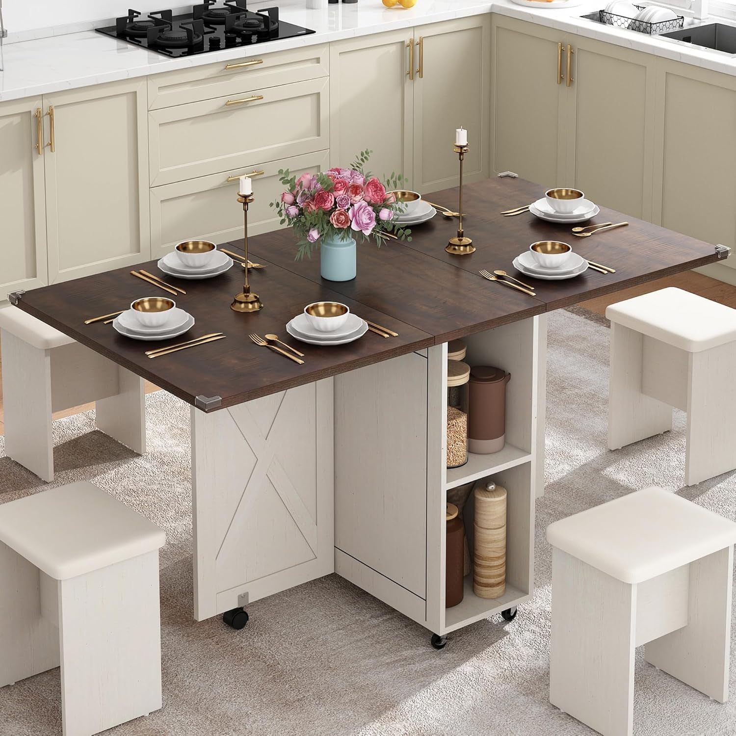 5 PCS Farmhouse Dining Table Set for 4,60" Large Folding Dining Table Set W/ 4 Leather Chairs, Drop Leaf Foldable Kitchen Table for Small Spaces,Barn Door Design,6 Wheels,2-Layer Storage Shelf,Brown