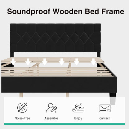 Queen Bed Frame with Headboard, Bed Frame Queen Size with Wood Slats Support, Linen Upholstered Pull-Point Headboard, No Box Spring Needed, Heavy Duty Feet, Easy Assembly, Beige