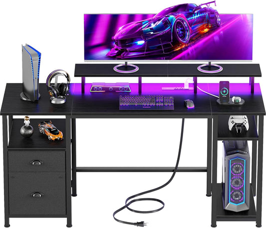 51" Gaming Desk with Power Outlets & LED Lights, Reversible Computer Desk with File Cabinet & Monitor Stand for Home Office, Large Work Table with Storage Shelves & Drawer, Black