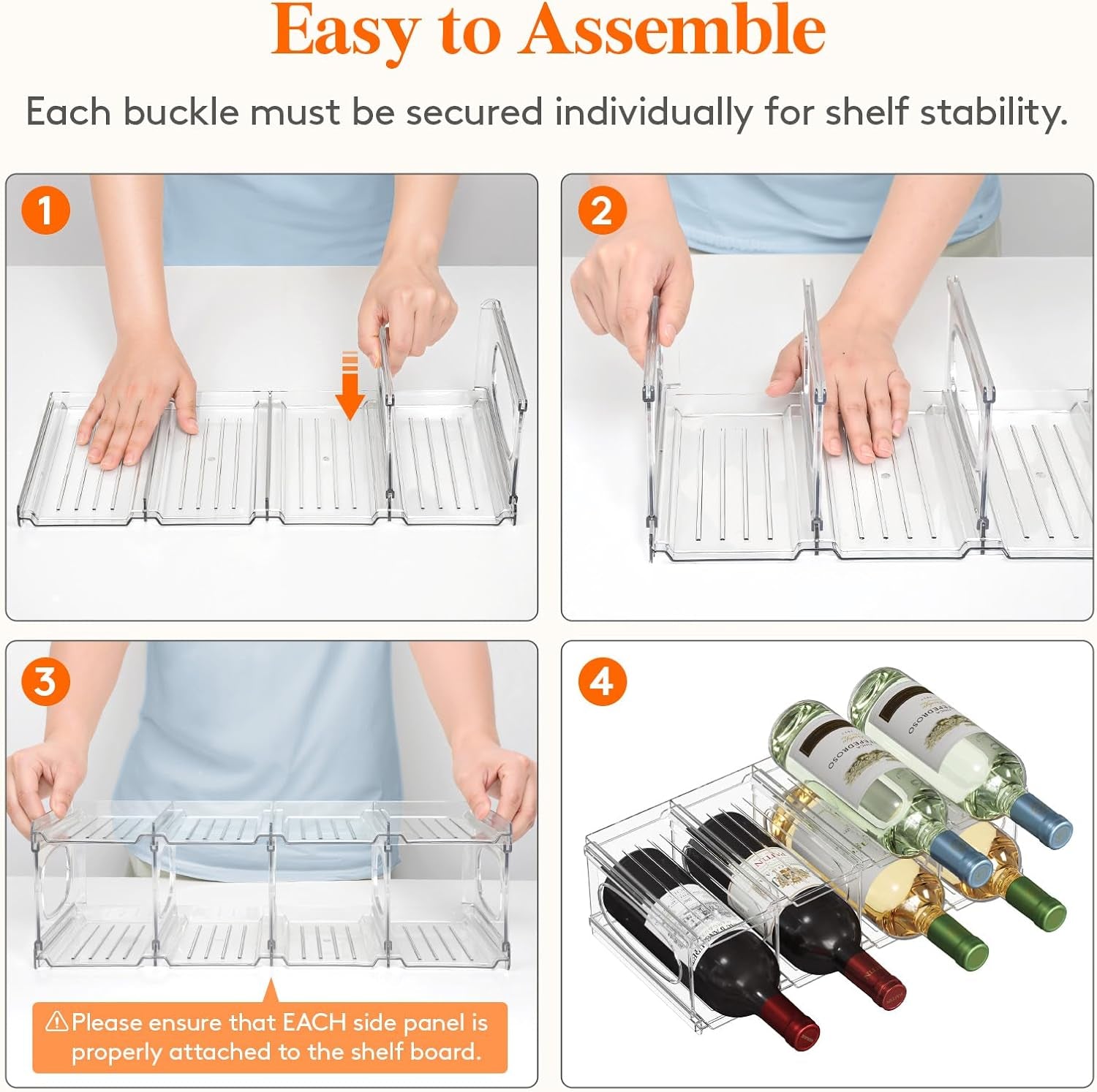 Wine Rack for Fridge, Stackable Wine Bottle Holder with Sturdy Support Insert & Reinforced Design, Plastic Bottle Organizer for Refrigerator, Cabinet & Pantry, Clear, Holds 8 Bottles