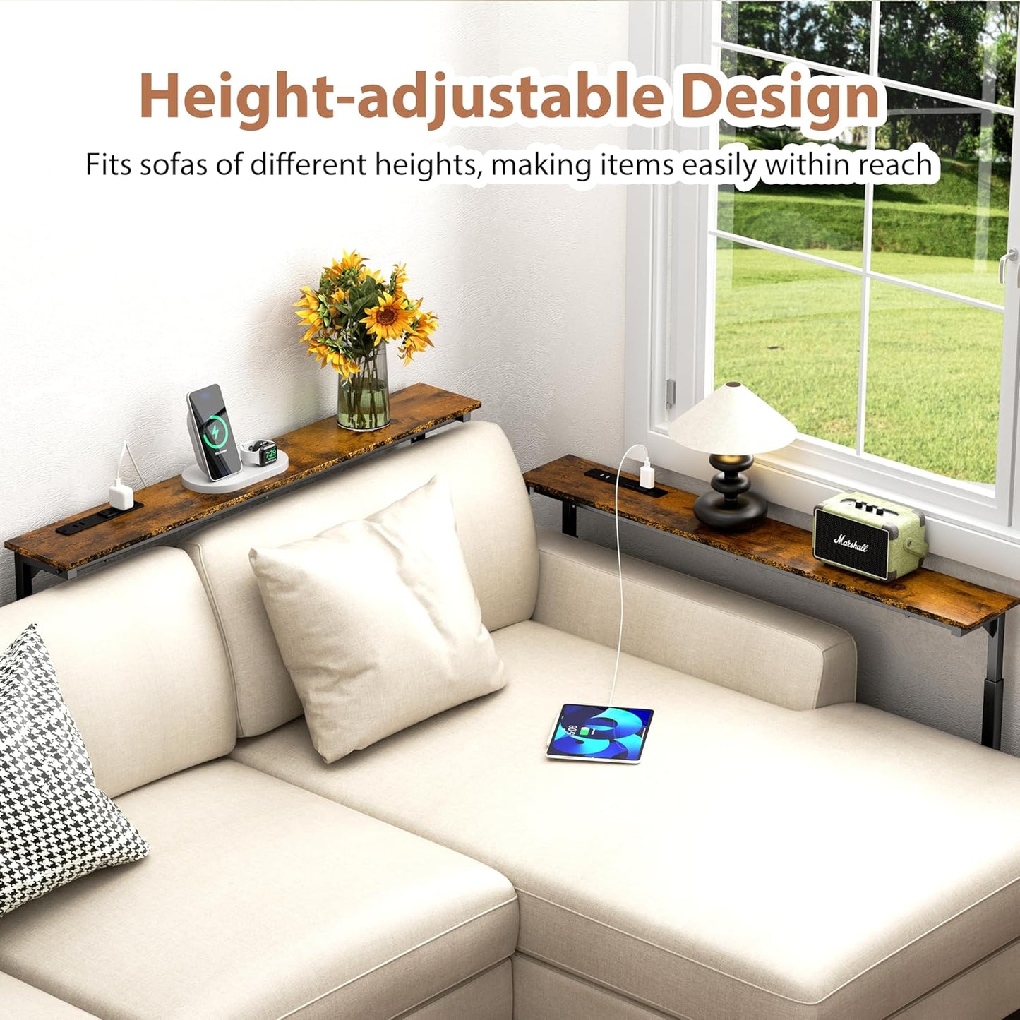 2 Pack Adjustable Height Narrow Console Table with Power Outlets, 78.7" Long Sofa Table with Charging Station behind Couch Table Entryway Table for Living Room and Hallway – Rustic Brown