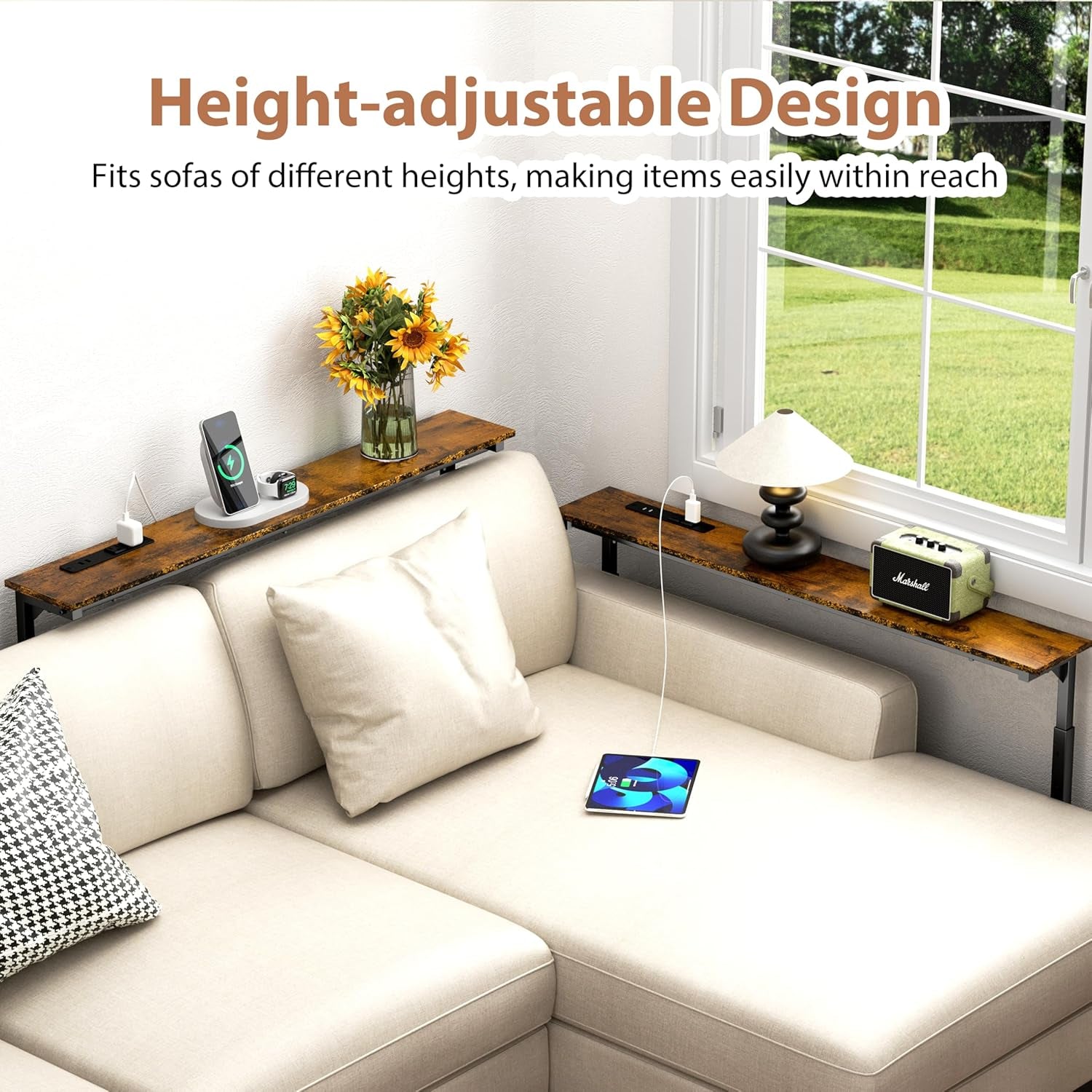 2 Pack Adjustable Height Narrow Console Table with Power Outlets, 78.7" Long Sofa Table with Charging Station behind Couch Table Entryway Table for Living Room and Hallway – Rustic Brown