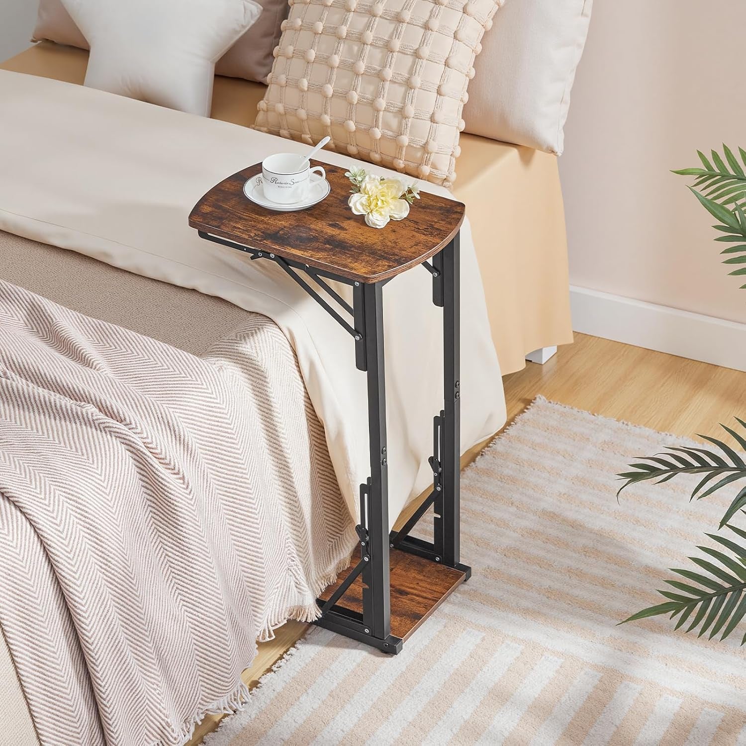 Folding C-Shaped End Table, Side Table for Couch, TV Tray Table for Small Spaces, Small Couch Side Table That Slide under Sofa Bed, Living Room, Bedroom, Bedside, Rustic Brown ETHR4101