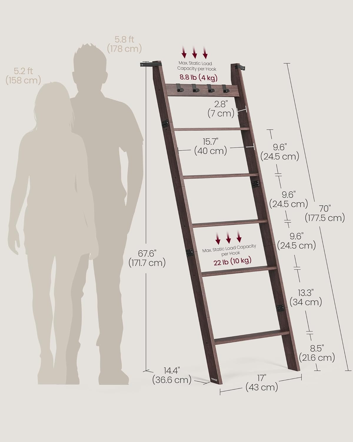 Blanket Ladder Shelf, 6-Tier Ladder Rack for Storage and Decor with 4 Removable Hooks, Decorative Farmhouse for the Living Room, Maroon Brown ULLS038K01