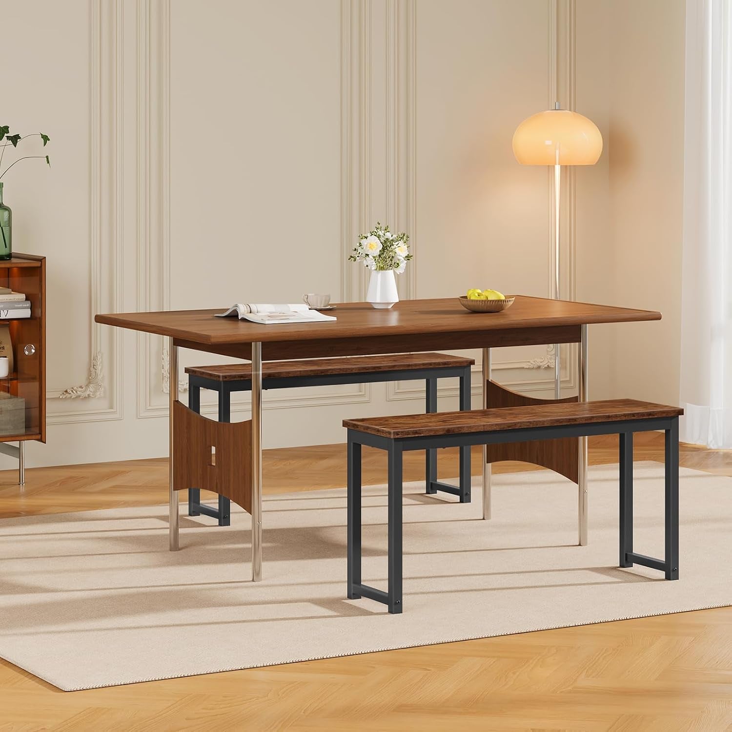 Dining Benches, Pair of 2 Industrial Style Indoor Benches, Durable Metal Frame, for Kitchen, Dining Room, Living Room, Rustic Brown BF01CD01