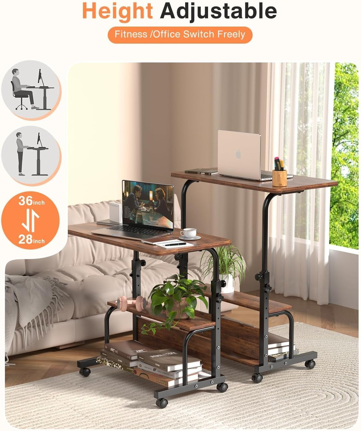 Portable Rolling Desk on Wheels Adjustable Height Desks for Small Spaces, 32" Computer Desk Drafting Tables with Storage Shelves for Home Office Rustic