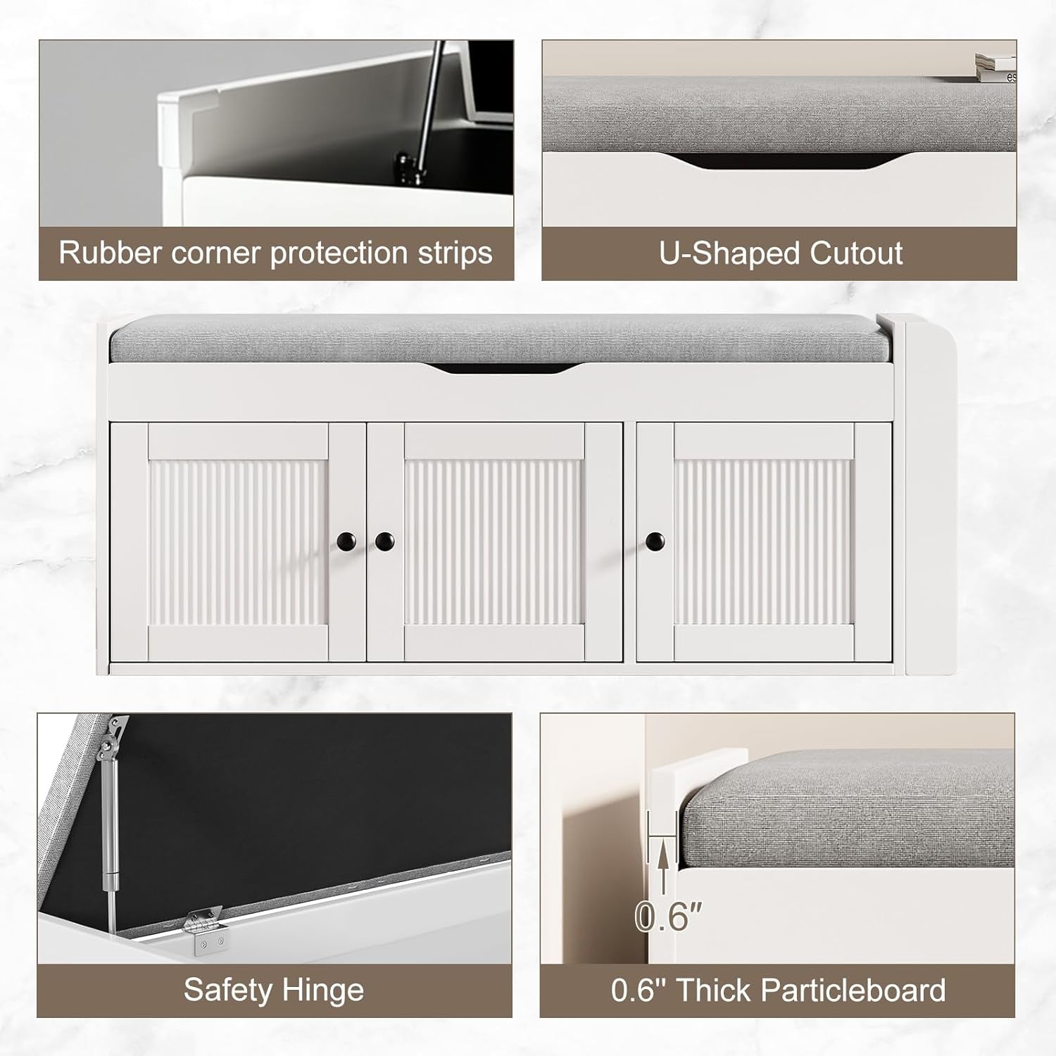 42.6" Storage Bench - Entryway Shoe Bench with Side Storage Shelves and 3 Doors, Multifunctional Entryway Bench with Lift Top Cushion, Shoe Storage Bench for Bedroom, Living Room, White