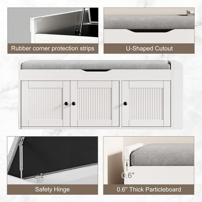 42.6" Storage Bench - Entryway Shoe Bench with Side Storage Shelves and 3 Doors, Multifunctional Entryway Bench with Lift Top Cushion, Shoe Storage Bench for Bedroom, Living Room, White