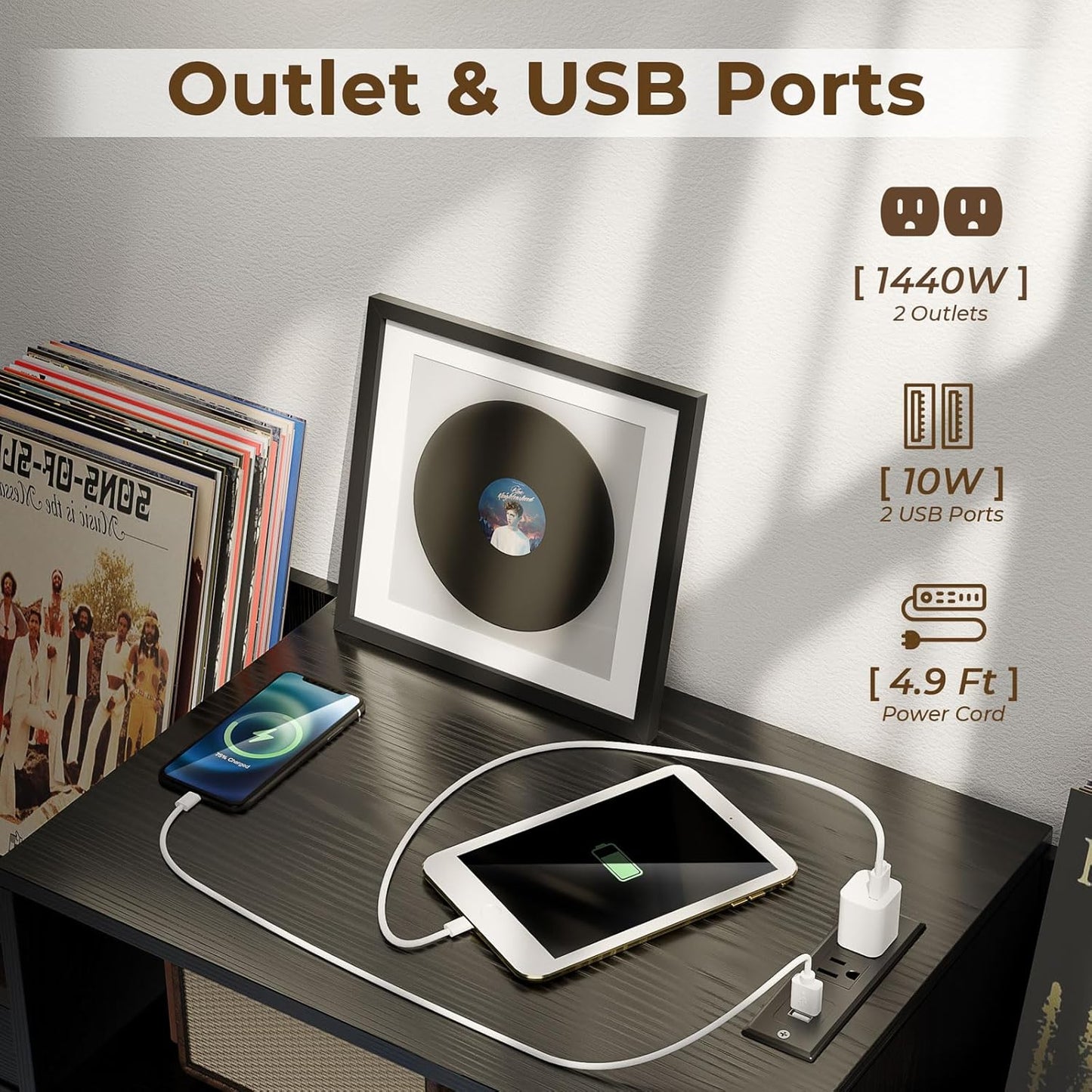 XL Black Record Player Stand,Turntable Stand Shelf with with Power Outlet and LED Light,Vinyl Record Storage Cabinet up to 500 Albums, Wood Record Player Holder Table for Living Room
