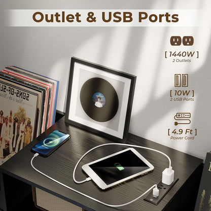 XL Black Record Player Stand,Turntable Stand Shelf with with Power Outlet and LED Light,Vinyl Record Storage Cabinet up to 500 Albums, Wood Record Player Holder Table for Living Room