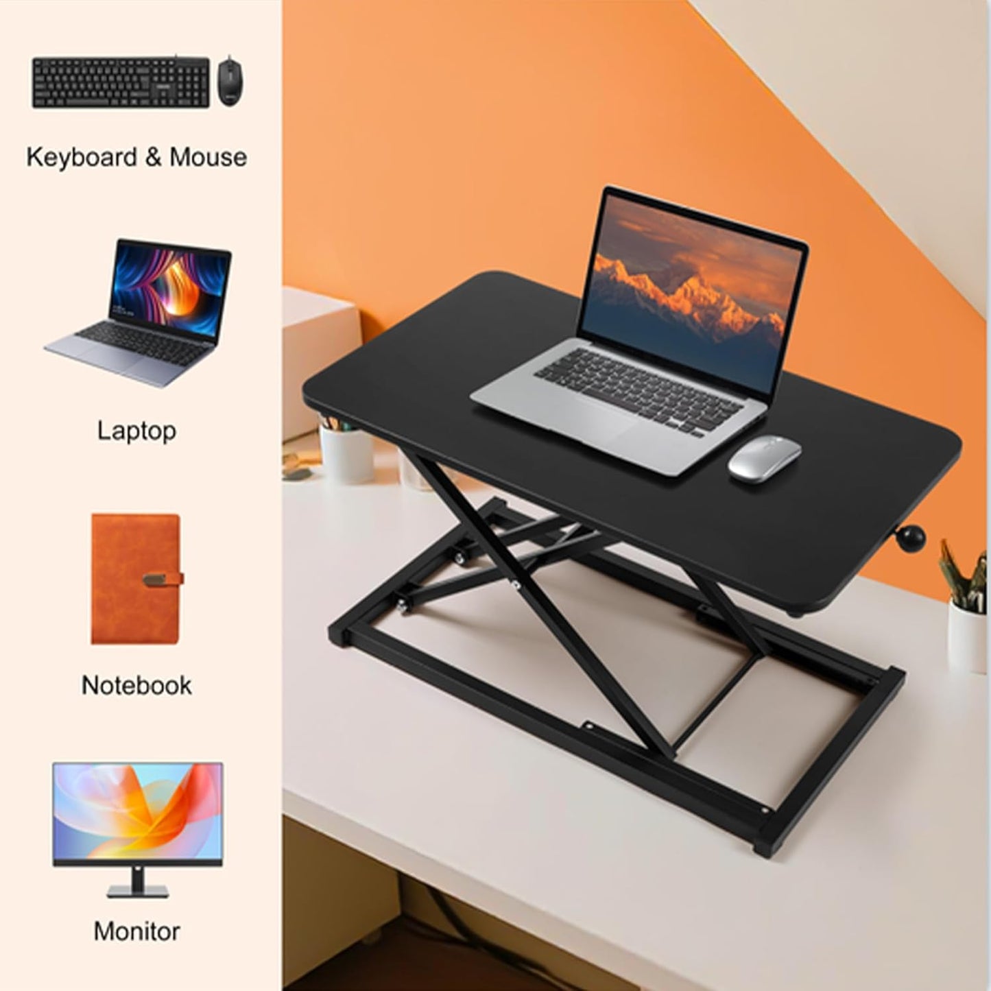 Standing Desk Converter Height Adjustable,Keyboard Riser for Stand up Desk Riser, Easy Lift Height Converter Computer Workstations Home Office Study Room Portable Small Table Black Size 23.6 Inch D