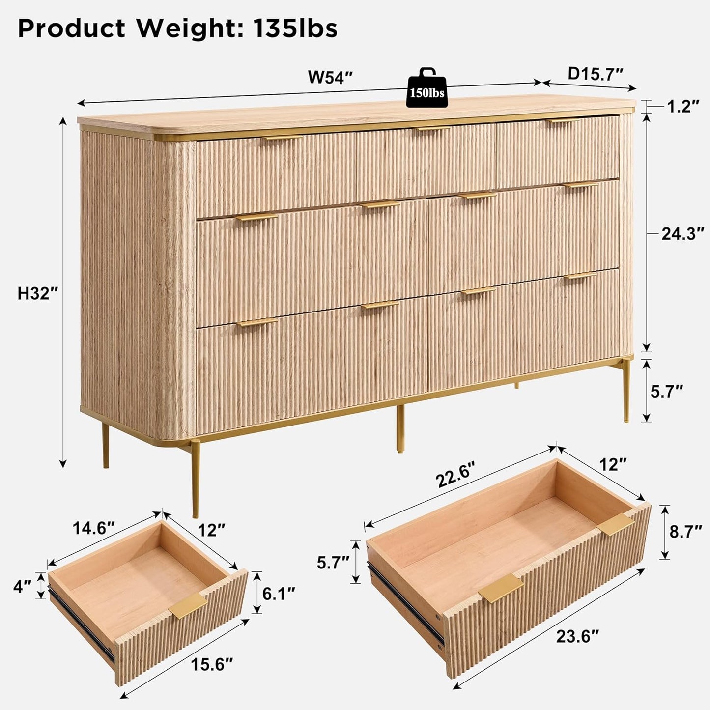 Fluted 7 Drawers Dresser for Bedroom, 54" Wide Modern Dresser TV Stand, Gold Accents, Fluted Fronts, Wood Storage Dressers Organizer for Bedroom, Living Room, Natural Oak