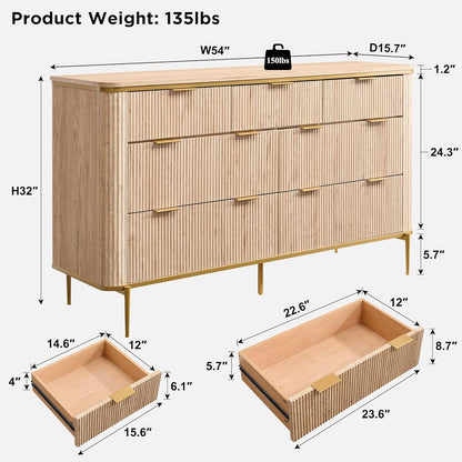 Fluted 7 Drawers Dresser for Bedroom, 54" Wide Modern Dresser TV Stand, Gold Accents, Fluted Fronts, Wood Storage Dressers Organizer for Bedroom, Living Room, Natural Oak