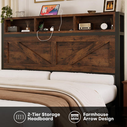 Farmhouse Queen Bed Frame with Bookcase Storage Headboard, Charging Station, LED Light and 2 Storage Drawers, Noise Free, No Box Spring Needed, Brown